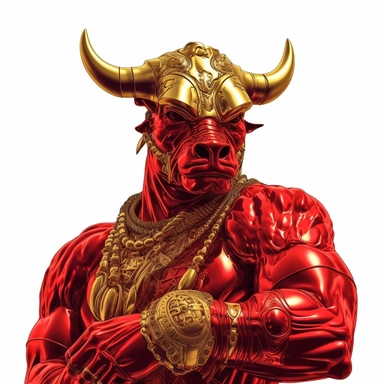 The image protrudes from the bottom edge. realistic picture of A red robot gold bull warrior tatoo on the arm wearing a black shirt with a necklace and sunglasses slung over a firearm. all white background minimal simple clip art
