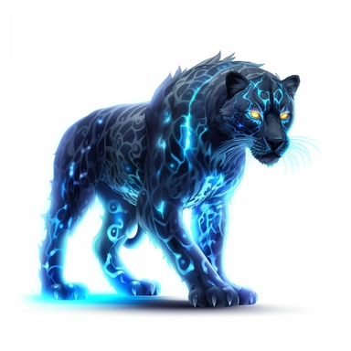 a glowing tribal leopard with blue lights on his eyes, tribal animals, in the style of manhwa character design, master of shadows, burned/charred, himalayan art, dark black and light azure, clipart, on white blackground