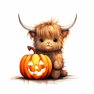 Painterly adorable cutie, baby highland cow wearing halloween costume with a jack o'lantern cartoon, full body, hyperealistic, kawaii, watercolor, clean white background by Clive Madgwick , style by Lucy Fleming, watercolor, smooth gradients, black contour outline, ultra detailed, clipart elements, delicate pastel colors, solid white background, super clear, high quality