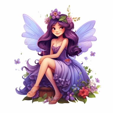 a beautiful smiling fairy girl sitting in flowers, big wings, purple dress, pixar style, full body image, clipart, white background