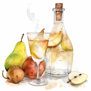 create a beautiful high quality and highly detailed watercolor clipart image of a tall skinny wine glass filled with pear and ginger sparkler next to a old fashioned glass alcohol carafe full of pear and ginger sparkler, include fresh fruit in the carafe of pear and ginger sparkler, make it look refreshing, white background, no text, no font, no watermarks