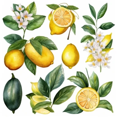 watercolor tropical set of ripe lemons, leaves, and flowers. Hand-painted branches of fresh yellow fruits are isolated on white background. Tasty food illustration for design, print, fabric, or background. realistic cartoon in 32K UHD cute. 15 cm thick outline. Black color. There was no shadow on the ground. 8k with realistic watercolors and detailed illustrations. PNG clipart, transparent white background