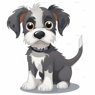Cartoon of mutt mixed puppy terrier, dark gray and white fur, cute, funny, clipart style, vector style, character by Cory Loftis, white background v4 ar2: 3