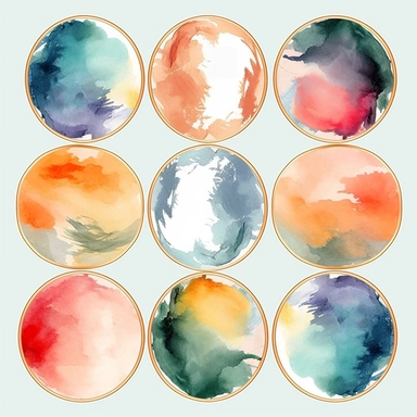 nine abstract watercolor background vector clipart, in different light pastel colors, oval frame, hazy romanticism, free brushwork