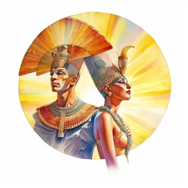 A powerful depiction of the Pharaoh Akhenaten and his queen Nefertiti worshiping the sun disk Aten, Akhenaten and Nefertiti should appear reverent and awe-struck. The sun disk should emit a radiant, divine light, high quality, clipart, watercolor, white background