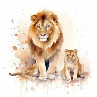 family, baby, lion and lioness,Watercolor Clipart high quality, white background , lion and lioness, cute, love