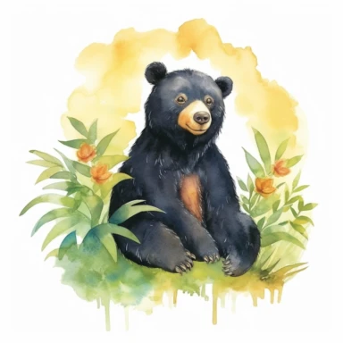 Watercolor Sun bear in rainforest clipart, for childish cards, illustration style, on white background, detailed, hd