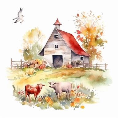 watercolor farm house clipart with meadow and some animals, white background, no comment, 8k