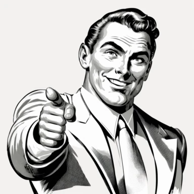 a egocentric man with happy face , in style of 1950`s , pointing and looking to the camera, black and white clipart