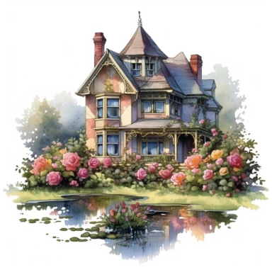 Immerse yourself in the beauty of perfection as our Victorian House Clipart presents the absolute best houses adorned with stunning roses. Each dwelling, meticulously designed in Pond Art style, stands proudly amidst a captivating floral display, creating an unforgettable sight in mesmerizing 4K resolution. The tranquil waters reflect the intricate details of the houses, amplifying their visual impact.