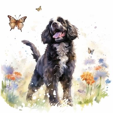 Playful Portuguese water dog chasing butterflies in a sunlit garden, its tail wagging with excitement, capturing its joyful and lively spirit, white background, watercolor clipart
