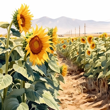 watercolor art of sunflower field, in the style of realistic and hyper-detailed renderings, sketchfab, ahmed morsi, realistic watercolor paintings, use of common materials, handcrafted designs clipart yellow and green with background removed