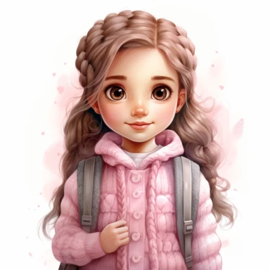 A cute happy school girl, back to school themed,pink theme color, knitted painting texture, Perfect for nursery art and children's book illustration style, simple, cute, full color, clipart, watercolor illustration, single object, high definition 8k, white background for removing background