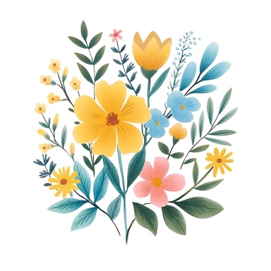 beautiful hand painted illustration of flowers, clipart on white background in the style of Rifle Paper Company, pastel colors of pink, teal, yellow and blue, gouache, flat color, 2d,