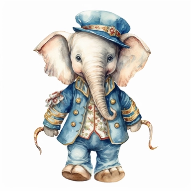 stunning detailed watercolor vintage circus dressed baby elephant, full body, clipart on white background