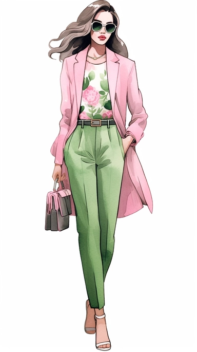 Faceless clipart, Boss girl clipart, Fashion illustration, woman clipart, Look Clipart, Fashion clipart, woman clipart, pink and green toned, royal, cartoon, painting