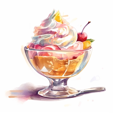 a drawing of a dessert featuring candy and whipped cream, icecream sundae, glass bowl, in the style of pastel toned, shiny/glossy, colorful fantasy realism, caffenol developing, warmcore, #screenshotsaturday, rubens, white background, isolated, free brushstrokes, watercolor illustration, clipart,