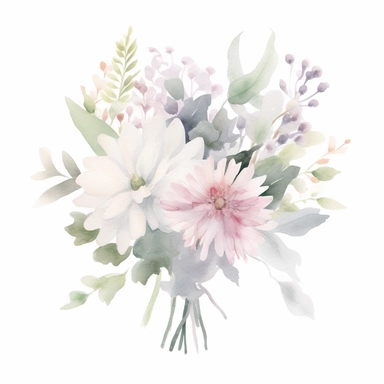 Watercolour sketch, floral bouquet, simple, clipart, white background, pale delicate tones, naturecore, bloomcore