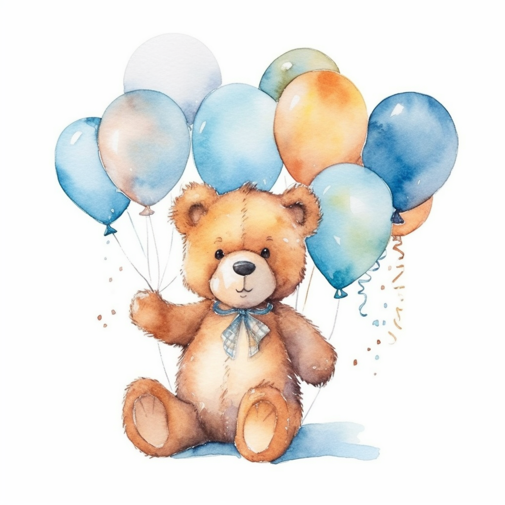 Watercolor Cute Teddy Bear Holding ballons Cliparts,minimalist ...