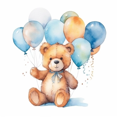 Watercolor Cute Teddy Bear Holding ballons Cliparts,minimalist, isoiliated white background