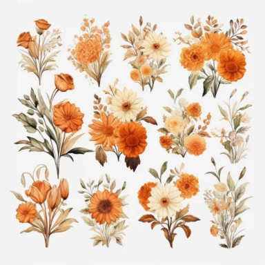 Terracotta Floral Watercolor Clipart Pack, an elaborate collection of meticulously detailed, autumn-inspired floral and foliage illustrations, rendered in a distinctive watercolor style for commercial use. This set brings forward a vibrant and detailed assortment of orange and brown neutral florals, complemented by an array of lush green leaves, echoing the warm and earthy tones of terracotta. These transparent PNGs are perfect for refined design projects, from wedding invitations to stationery 