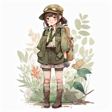 a cute scout girl, clipart, full body, in nature, watercolor