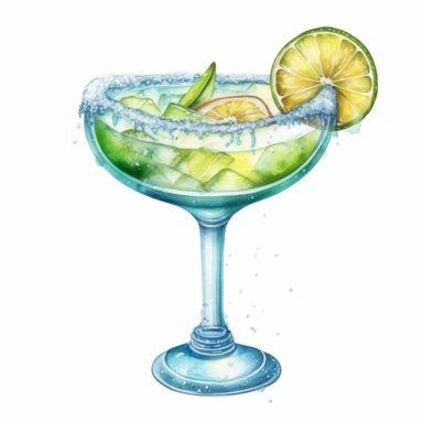 hand drawn frozen margarita in a jumbo glass, glamorous, very detailed and realistic, watercolor, white background with margins, clipart style