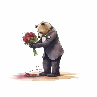 BEAR IN SUIT BOWING DOWN, HOLDING FLOWERS, head down, on stage, CLIPART, ILLUSTRATION, transparent background