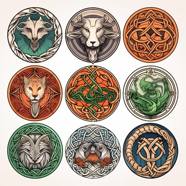 Generate a collection of lifelike clipart images featuring Celtic mythology and folklore symbols. Use a digital medium to create detailed illustrations that capture the essence of these ancient legends. Incorporate iconic symbols such as the Celtic knot, triskele, and Claddagh ring, paying attention to intricate patterns and precise linework. Utilize a vibrant color palette inspired by nature and Celtic artistry to bring these symbols to life.