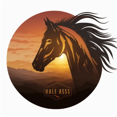 simple logo, clip art, sunrise, horse head outline, 2 colors