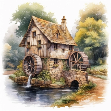 A highly detailed watercolor drawing of an ancient medieval rustic cottage nestled among lush greenery, with a majestic waterwheel turning gracefully next to a tranquil river, all set against a pure white background. The cottage showcases intricate stonework, thatched roof, and timber beams, while the waterwheel features weathered wood and cascading water, creating a sense of serenity and harmony with nature. The watercolor clipart style adds a touch of whimsy and charm to the scene, with soft b