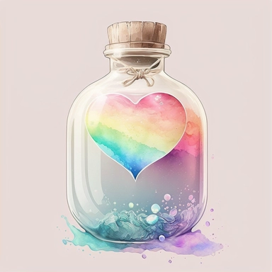 rainbow dream illusion pastel color water white background clear old rustic Heart Bottle classic potion Valentine's Day Clipart vintage watercolorrgb