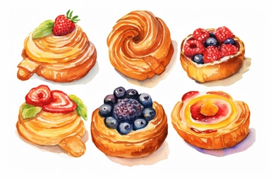 watercolor Danish pastry clipart, hd, white background, spaced out