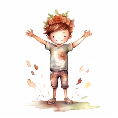 Love in you, boy, dancing, full body, happy face, brown hair, flower on head, beautiful thoughts, clear white background, self love, self confidence, watercolor, simply drawn for children book, handrawn watercolor graphic clipart, 16k