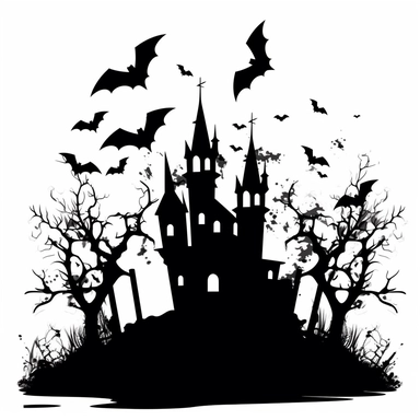 black and white silhouette of a spooky castle with bats flying around it, clipart style, white background, thick lines, vector, simple design, flat colour, solid colour, halloweencore