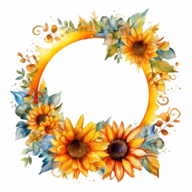 Watercolor Sunflowers round frame with number 1 inside Clipart