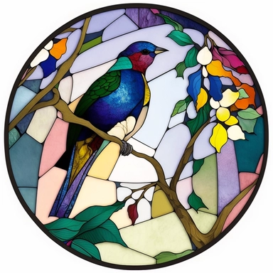 Exotic Bird Colorful Stained Glass Circle Clipart, white background,
