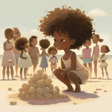 pixar , disney illustration of Sag Harbor , An illustration of fiver year old light skin Harper a happy black girl with curly afro, arriving in sag harbor ,standing looking at a group of children making other sandcastles in the competition , from the community's stunning Sunset Beach, east hampton , summer vaction, beach town , summer days , muted tones , shy warm heart , pixar , hyper detailed , smooth skin realistic animated — Happy Black Girl Smiling art,black girlsclipart, Funny black girl ,