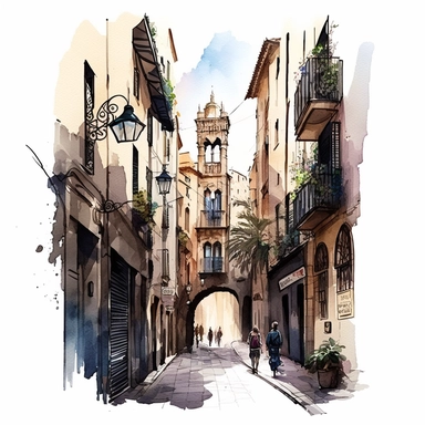 CLIPART WATERCOLOR BARCELONA, STREETS OF BARRI GOTHIC, STREETS