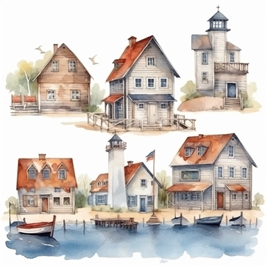 watercolor harbor village, illustrations clipart set, simple, , cartoon elements ,different variants , separate elements with a margin