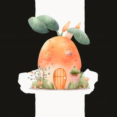 , a cute carrot house illustration clipart, minimal, watercolor style, orange pastel, on white background, by connieartwork, 8k, high resolution