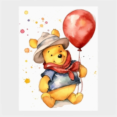 Winnie The Pooh Cartoon Watercolor, Cute Beautiful Cute Winnie the pooh characters Watercolor Sublimation Clipart, Birthday Party, Pooh is wearing Birthday Hat, Pooh is holding balloon clipart, Piglet Clipart, Cartoon, hyper realistic, intricate detail, illustration style, high solution, on the white background