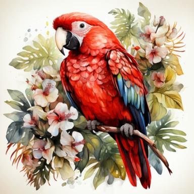 hyperrealistic ultra detailed watercolor clipart, red parrot with jungle flowers, white background, in the style of digital print, clipart, illustration, sticker, ultra high definition, rich details, 32K, HD