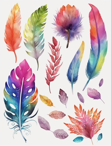 watercolor flower and feather elements, clipart, vibrant rainbow colors, flower petals, leaf elements, blossom elements, white background, 8k, high reso