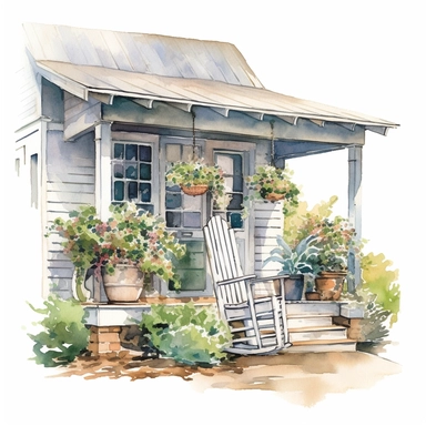 watercolor Close look of Farmhouse Porch, rocking chairs, flowers in pots Clipart