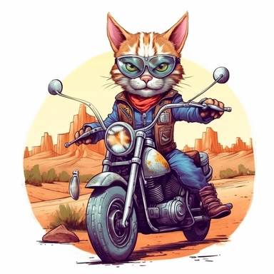 Create a clipart of a grim cat with glasses in a leather jacket and riding a vintage motorcycle. Strong and vibrant colors. In the style of Uderzo. Desert landscape before a White Background, soft lighting.