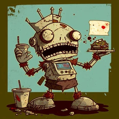 garbage pale kids format, pop surrealism digital art image of broken down, old, rusting, cartoonish, humanoid robot wearing tattered, McDonalds style uniform, made of human clothing. The robot is in an art style inspired by artists like Tara McPhereson, Nooligan, and Robin Eisenberg. To be used for digital clipart. Use dull, 1970's style, yellow, green, brown color scheme for the robot. The robot works at a fast food restaurant and is serving a giant footlong sandwich from behind the counter of 