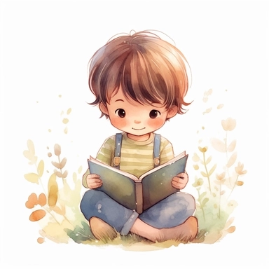 cute little boy reading a book, folk art, watercolor, clipart elements, kawaii, white background