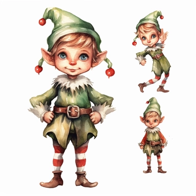 Christmas elf watercolor clipart, full body, no background
