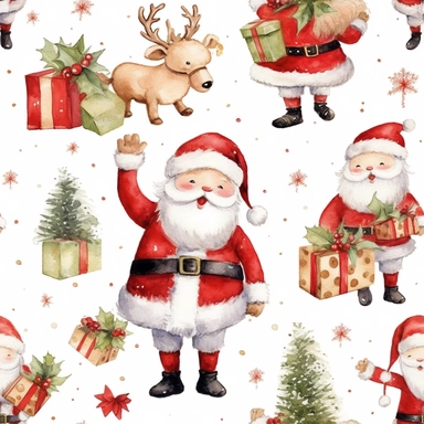 seamless, detailed watercolor, 1 christmas cute santa clipart, 5 fingers, hd, 4k, ultra quality, high quality,